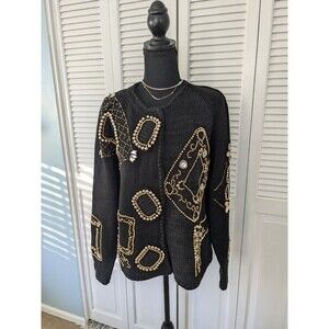 Victoria Harbour Vtg Sweater Womens M Black Gold Embellished Beading Retro Glam